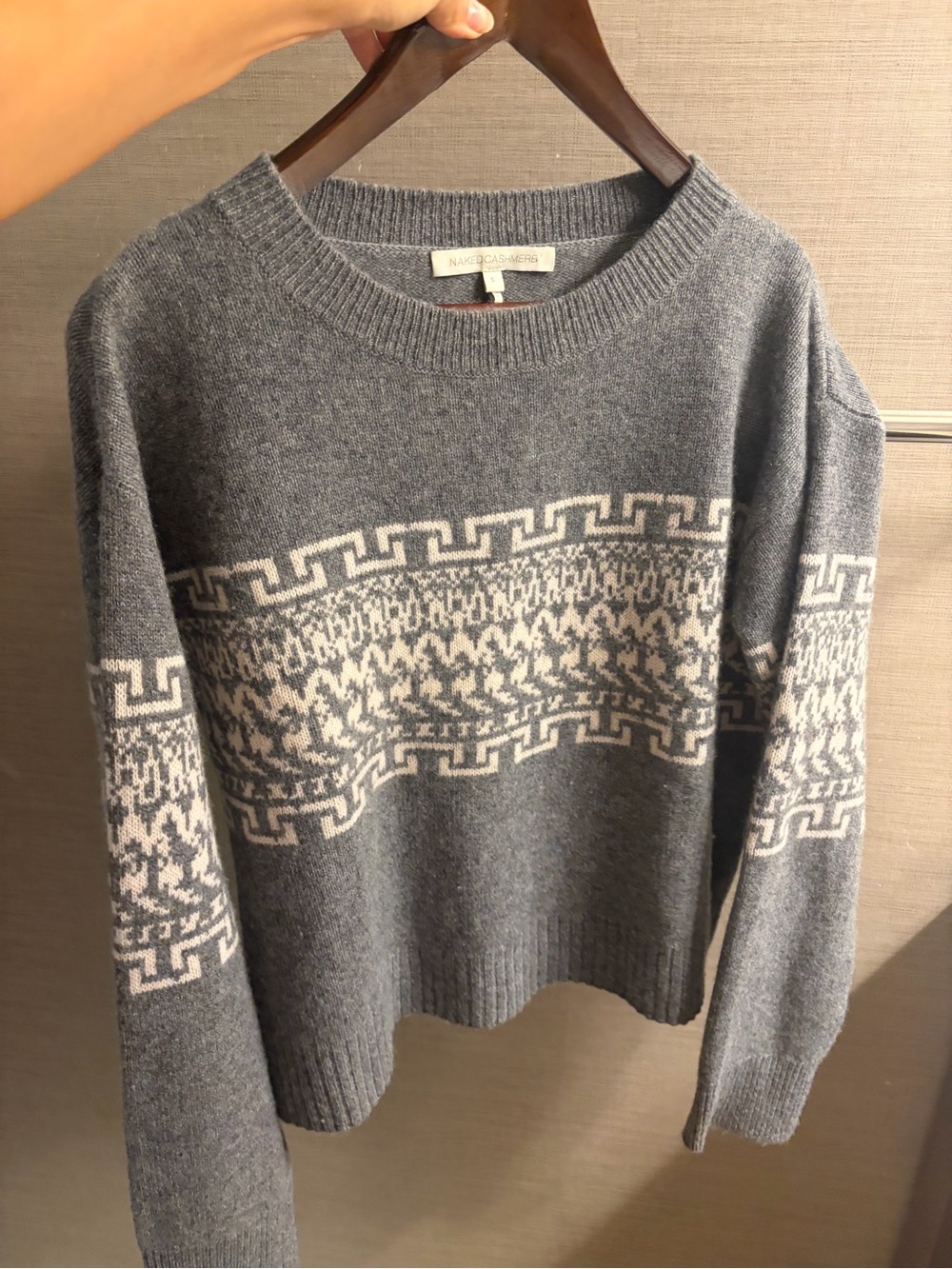 NakedCashmere Gray cashmere Crewneck Sweater with White Fair Isle Band - Picture 8 of 8